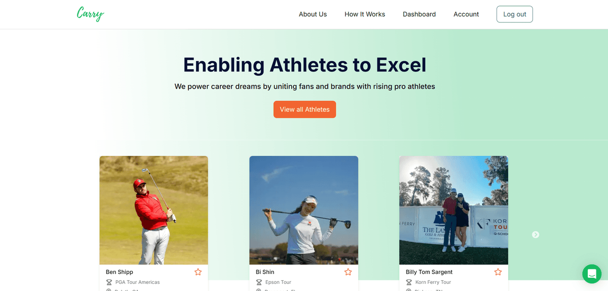 Golf athletes listing platform interface