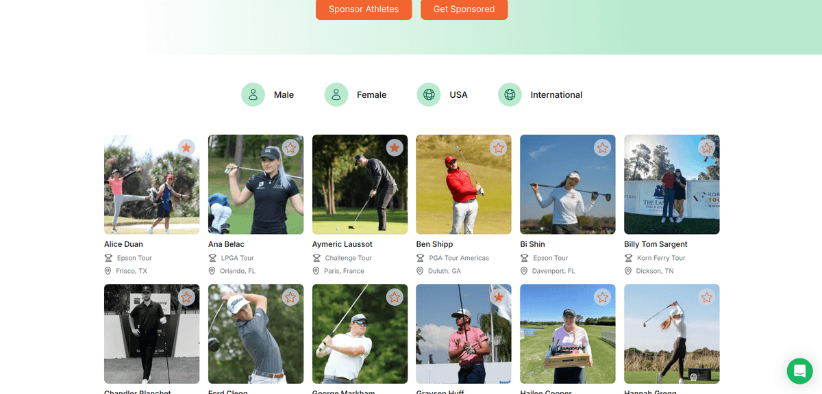 Golf athletes listing platform interface